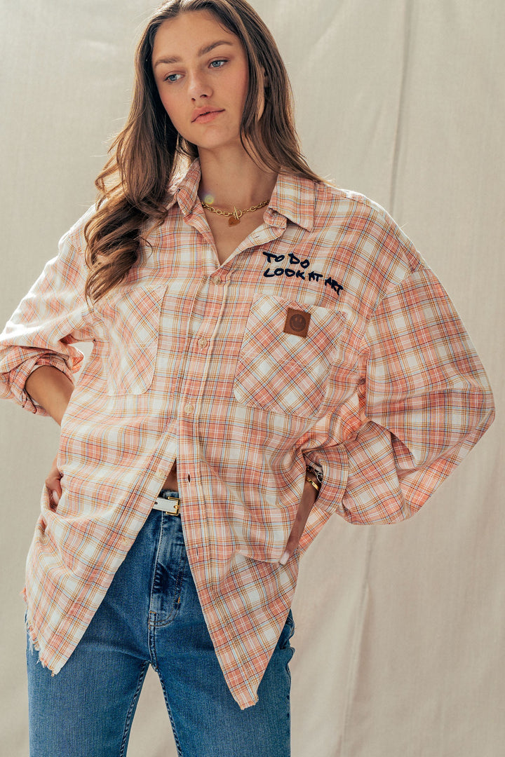 plaid boho button up shirt with pocket detail - rust multi (additional view)