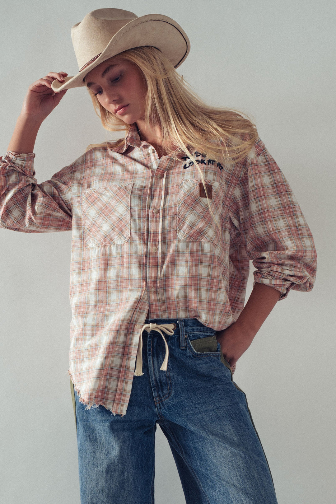 plaid boho button up shirt with pocket detail - rust multi