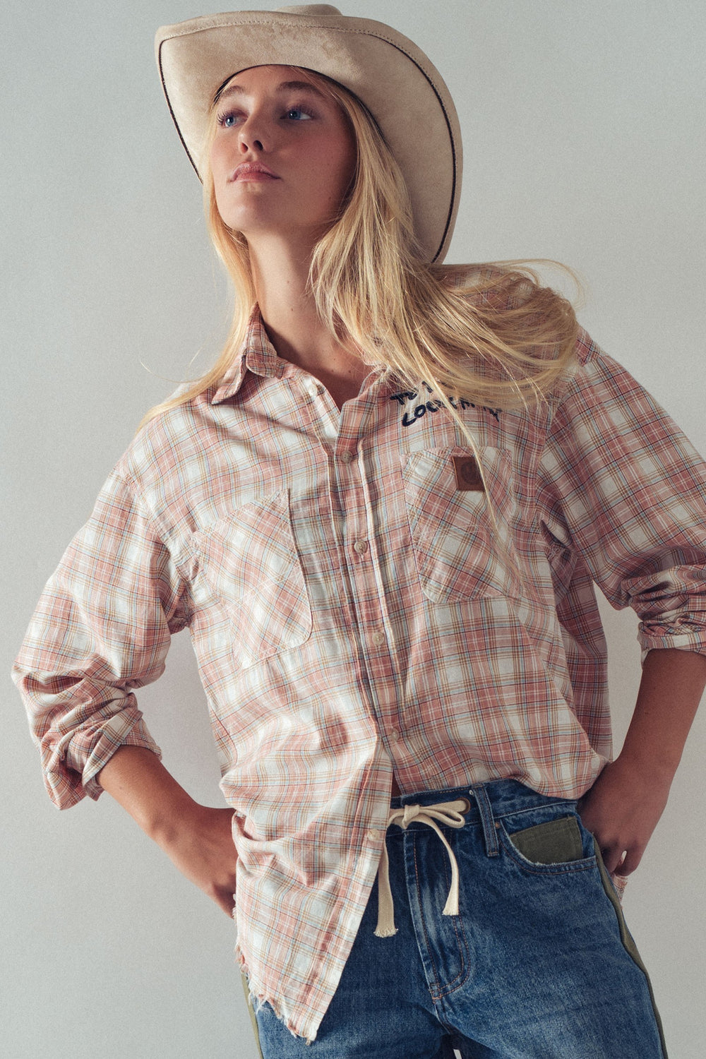 plaid boho button up shirt with pocket detail - rust multi (additional view)