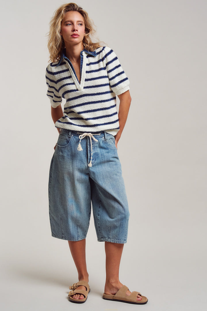 relaxed barrel fit bermuda drawstring denim - lt denim (additional view)