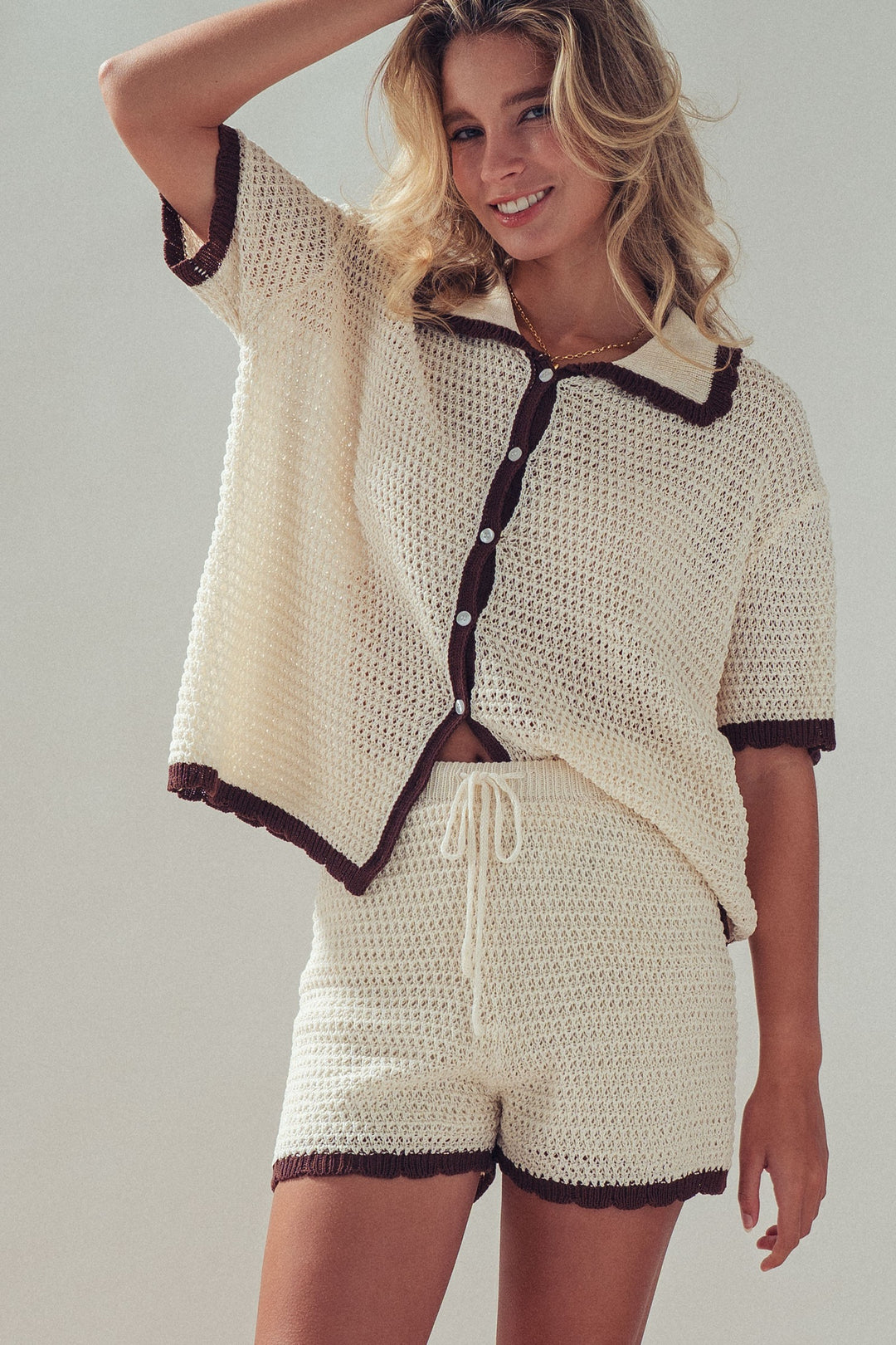 contrast crochet set - ivory brown