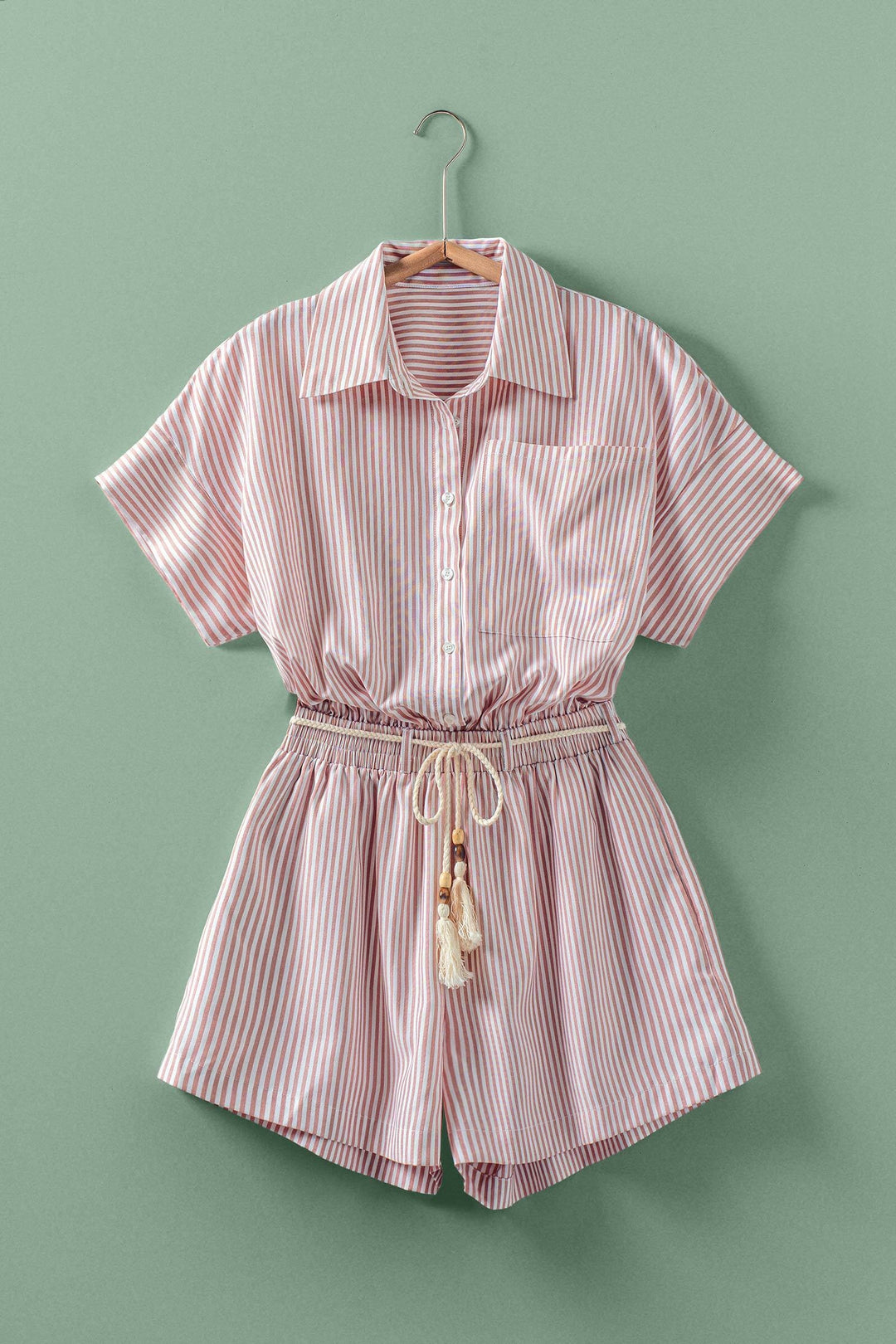 pink striped tassel tie button up romper - pink