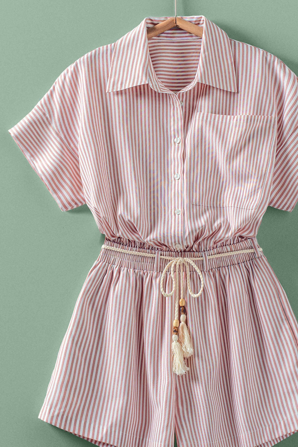 pink striped tassel tie button up romper - pink (additional view)