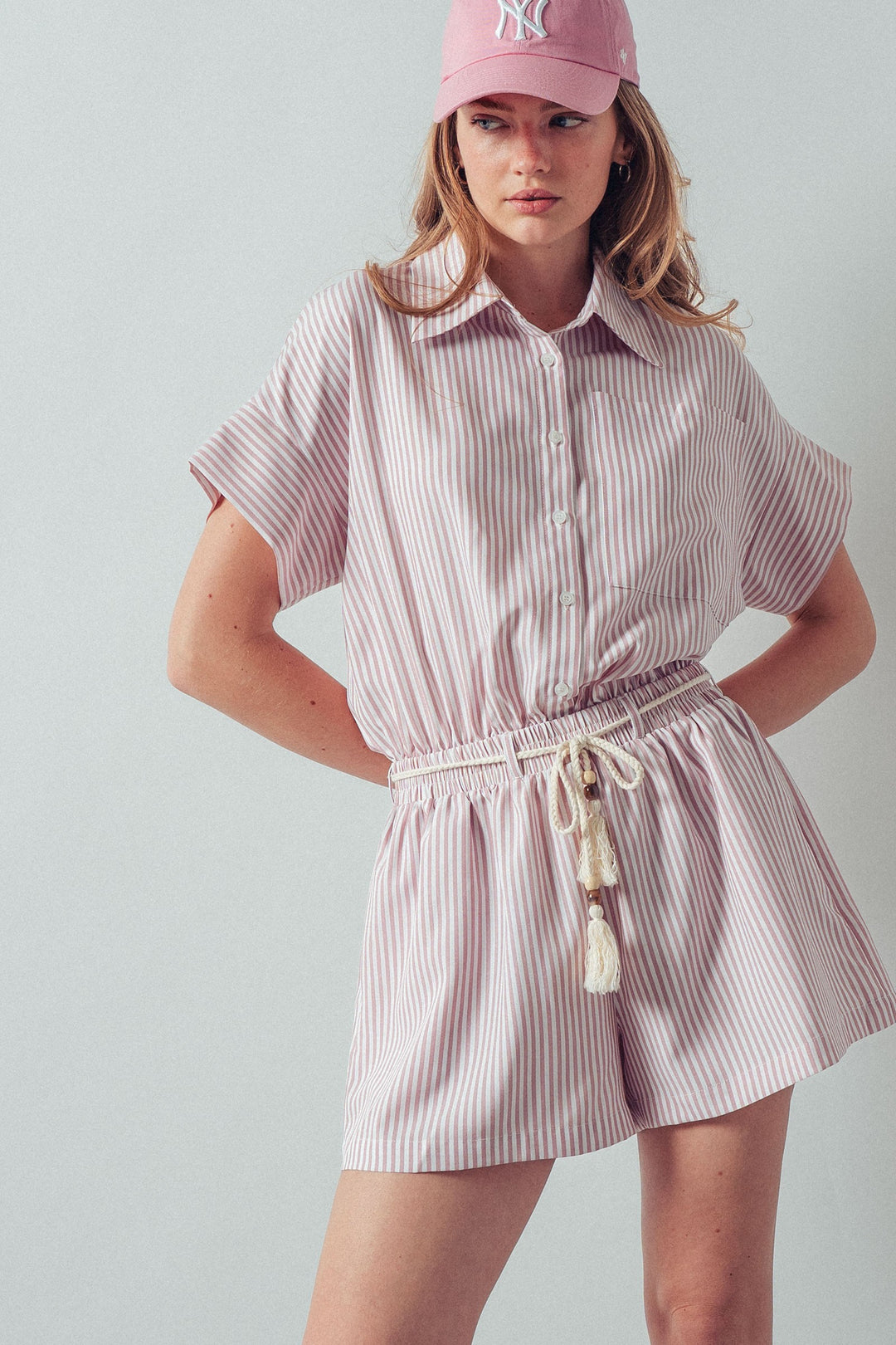 striped tassel tie button up romper - pink