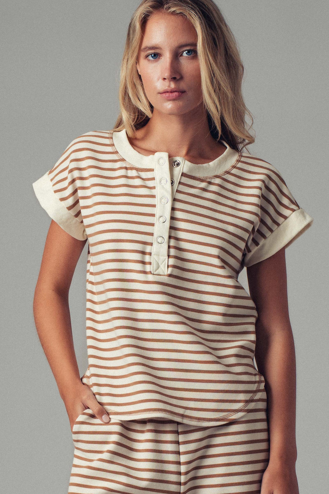 striped button casual cotton summer top - sand