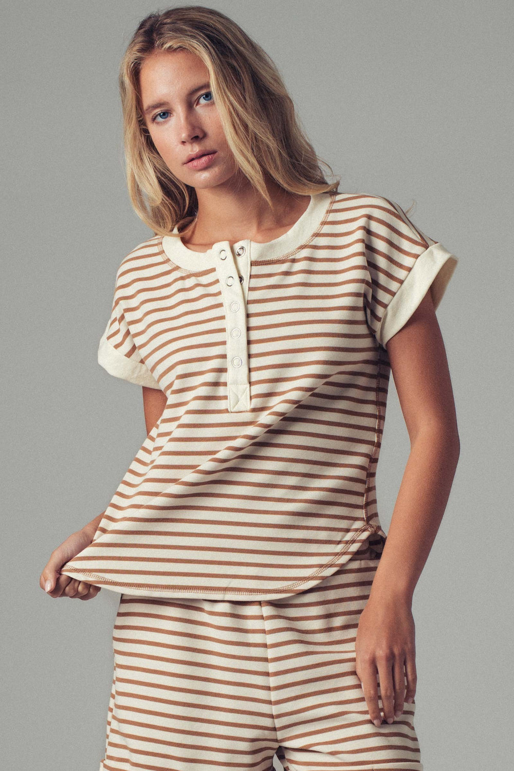striped button casual cotton summer top - sand (additional view)