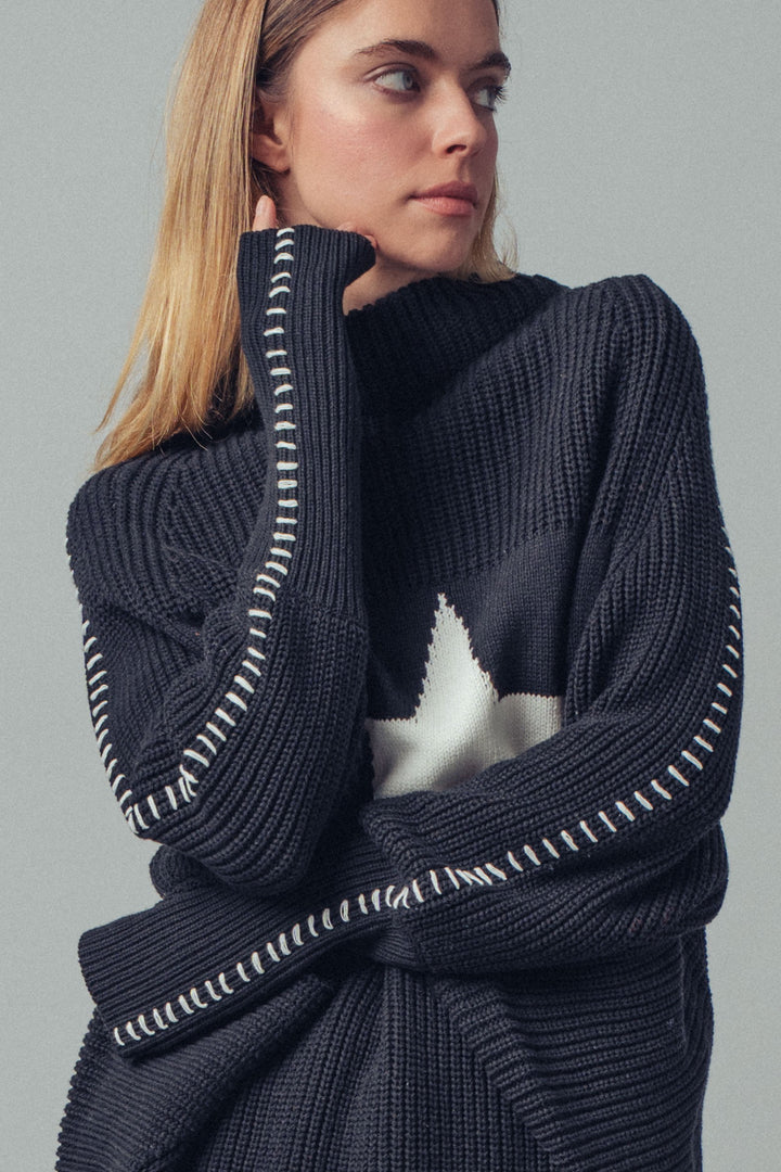 oversized star sweater tunic with side stitch - black