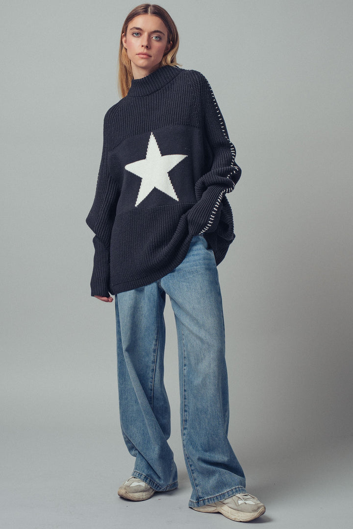 oversized star sweater tunic with side stitch - black (additional view)