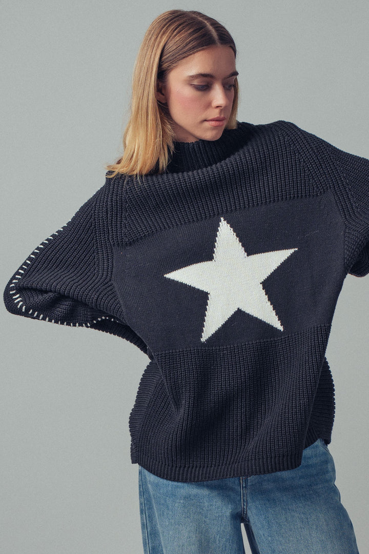 oversized star sweater tunic with side stitch - black (additional view)