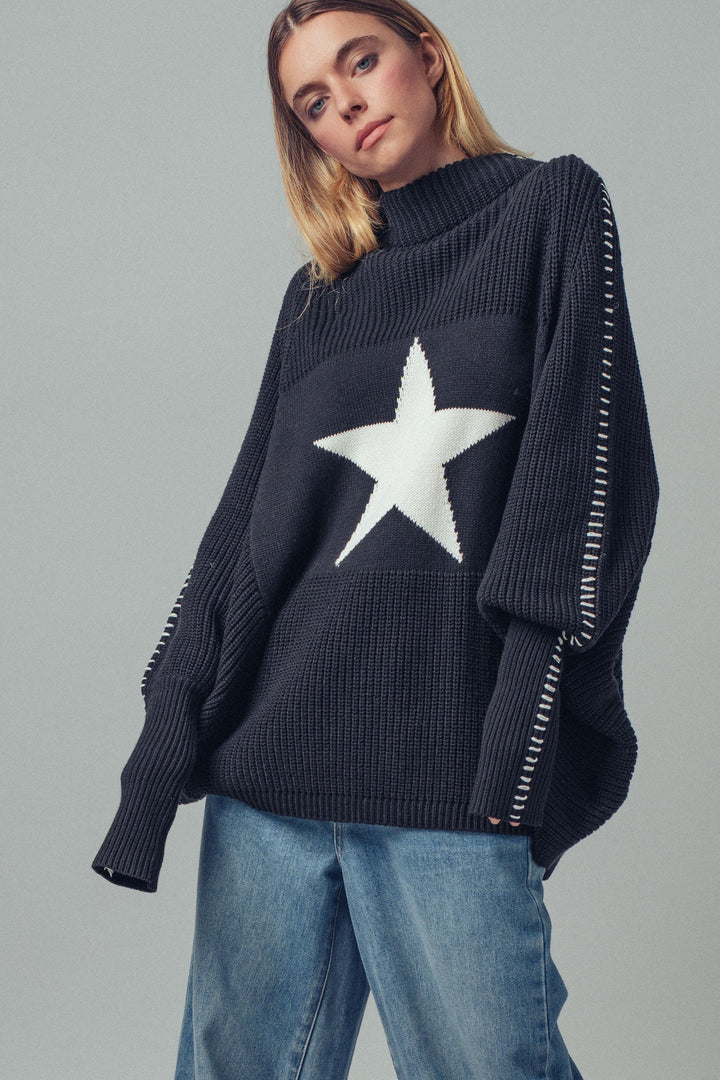 oversized star sweater tunic with side stitch - black (additional view)