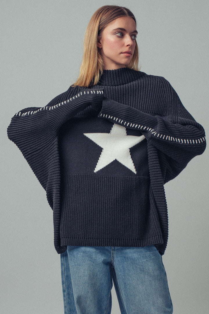 oversized star sweater tunic with side stitch - black (additional view)