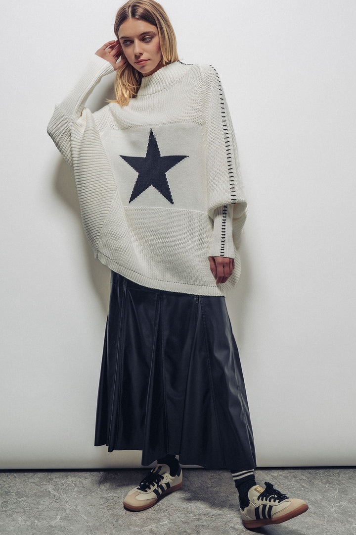 oversized star sweater tunic with side stitch - ivory
