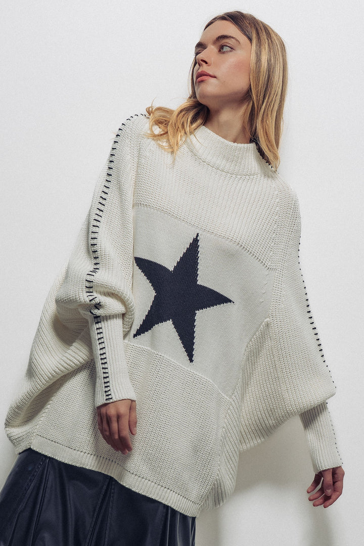 oversized star sweater tunic with side stitch - ivory (additional view)