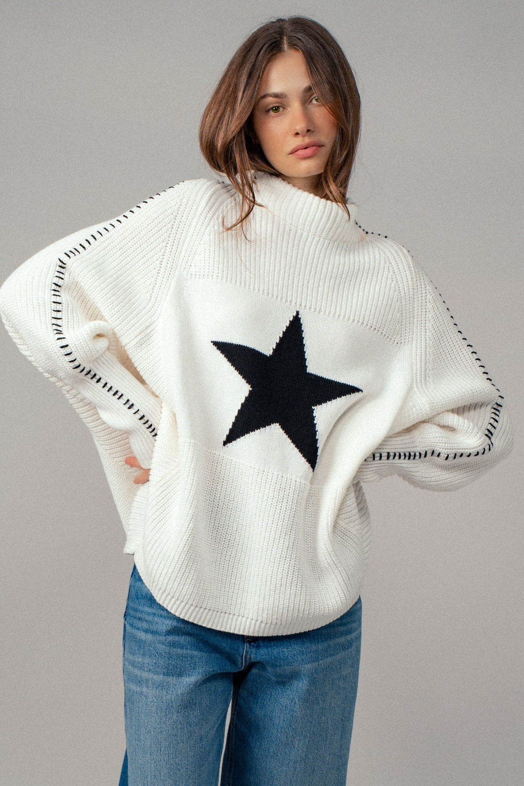 oversized star sweater tunic with side stitch - ivory