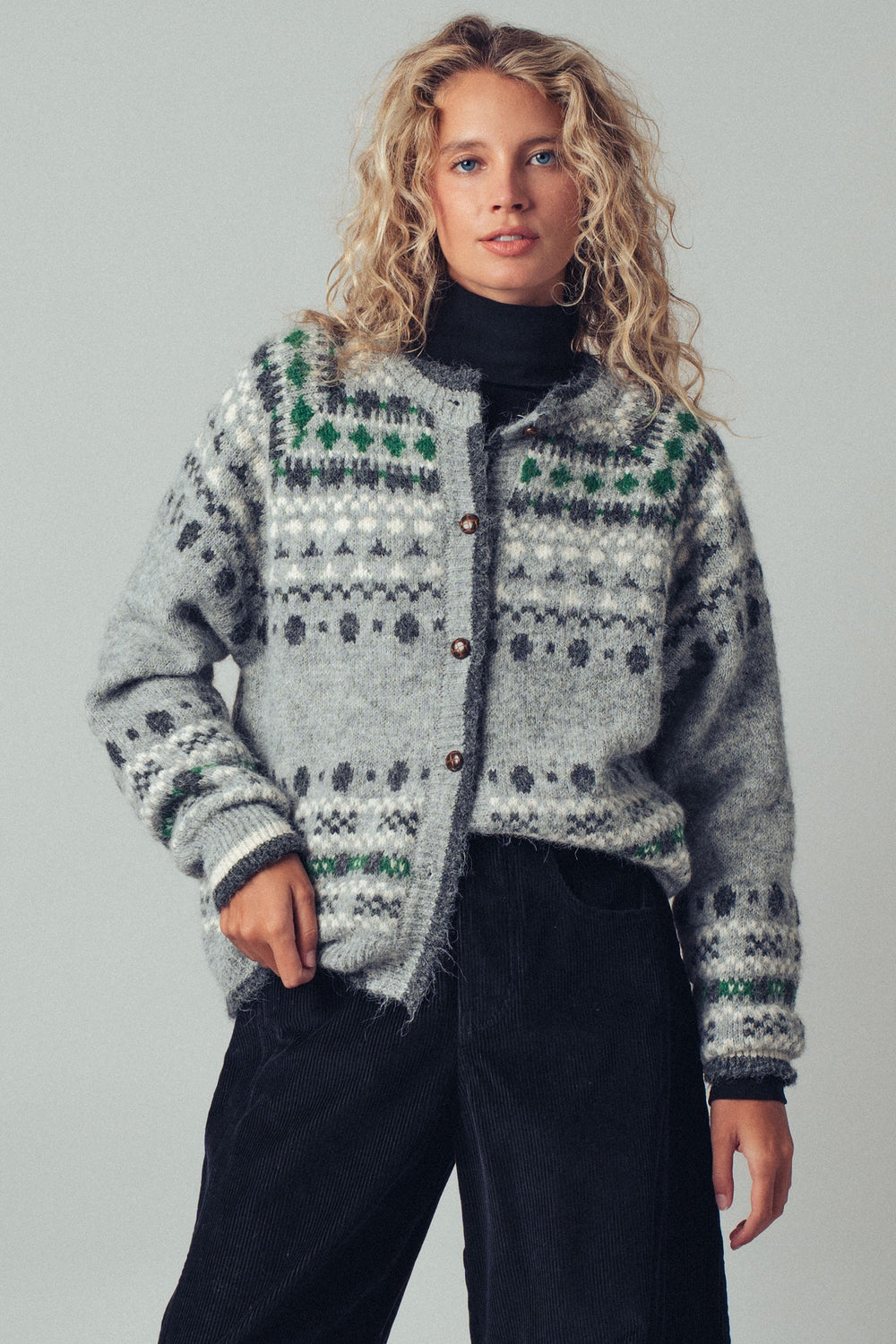 nordic pattern wool blend button cardigan sweater - grey