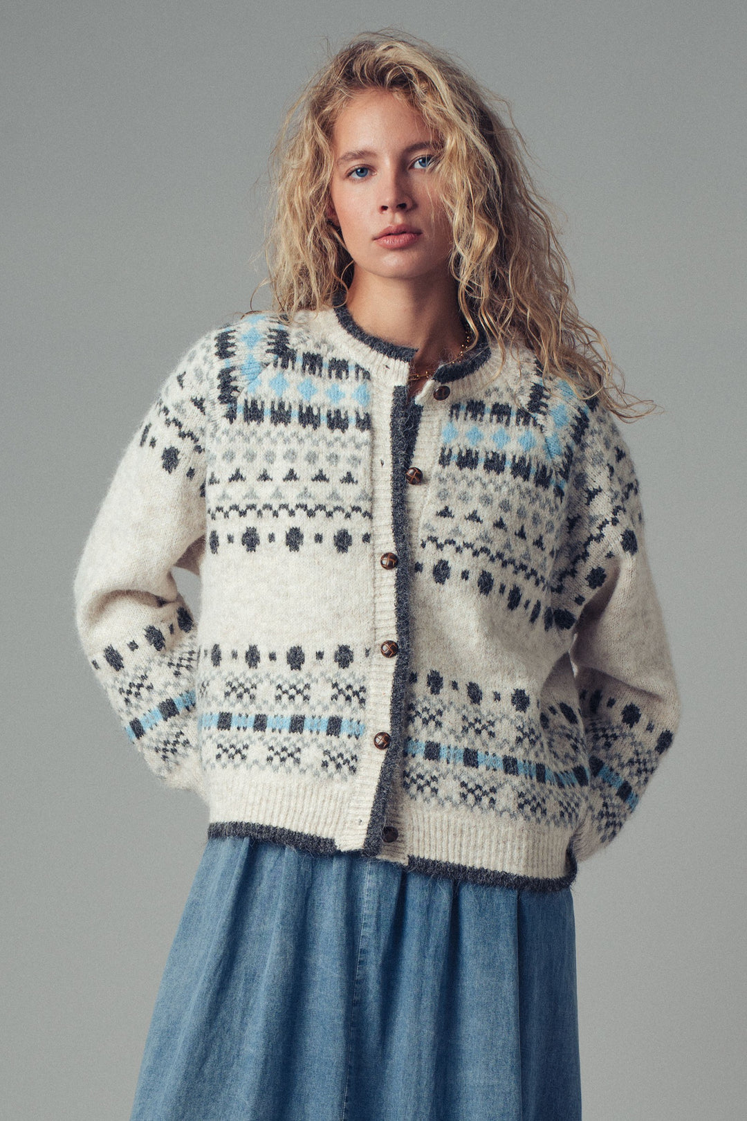 nordic pattern wool blend button cardigan sweater - ivory