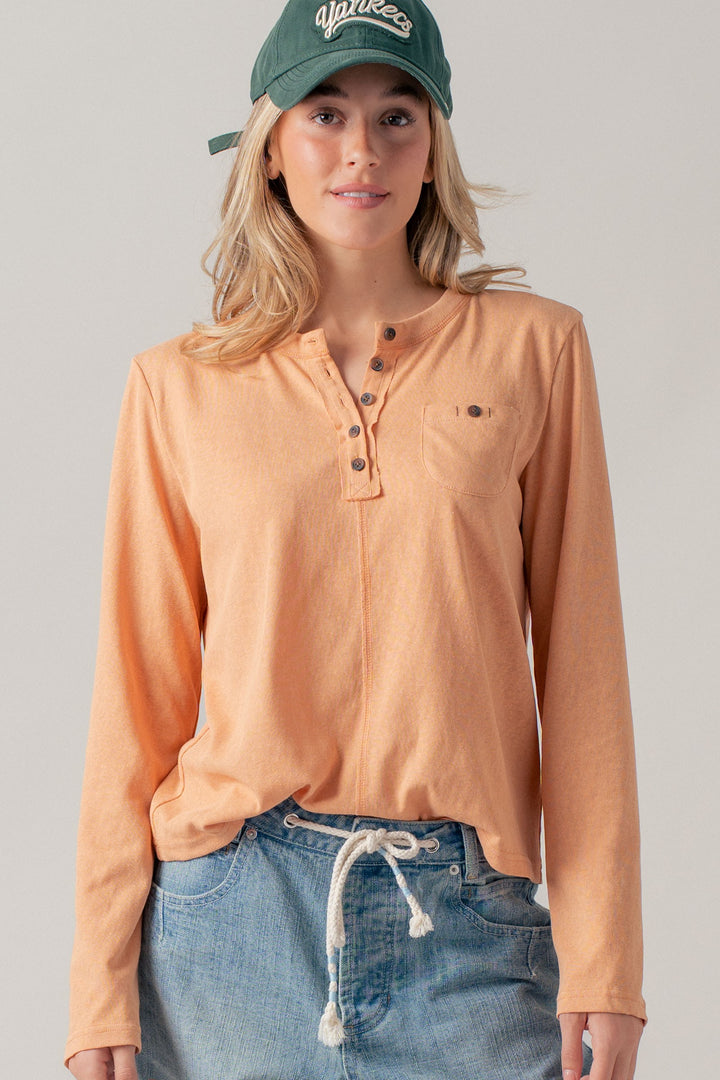 washed everyday long sleeve henley top - soft peach