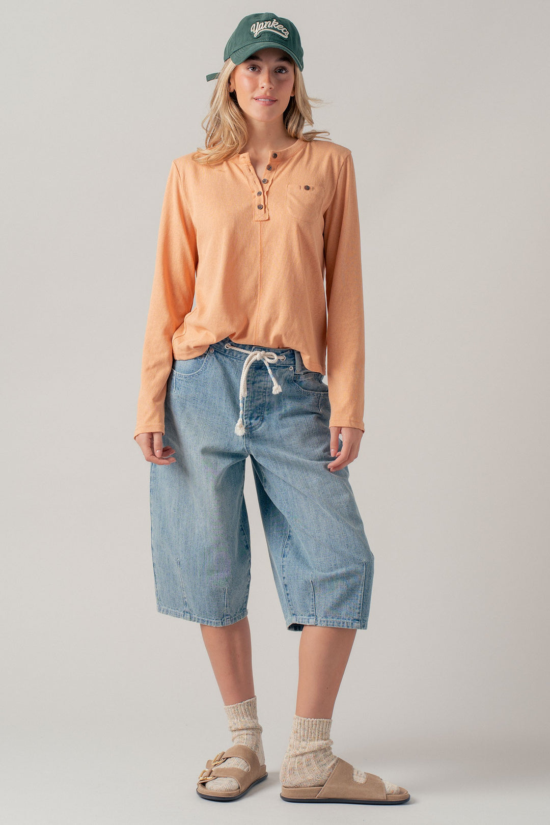 washed everyday long sleeve henley top - soft peach (additional view)