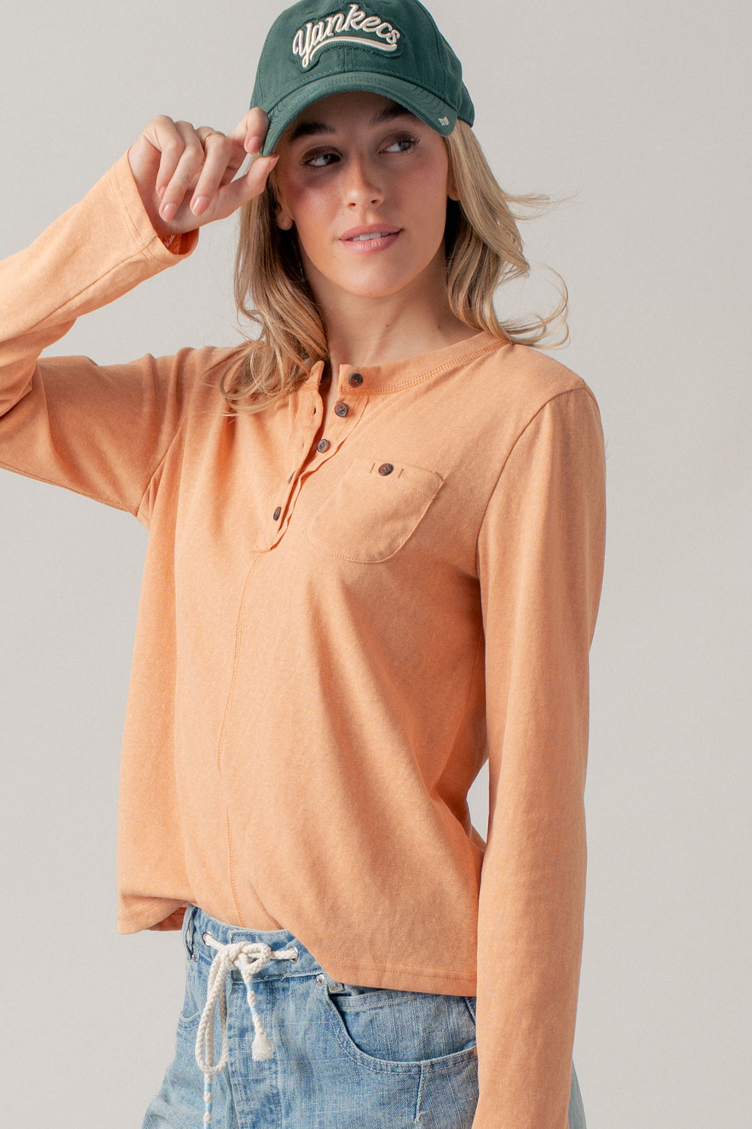 washed everyday long sleeve henley top - soft peach (additional view)
