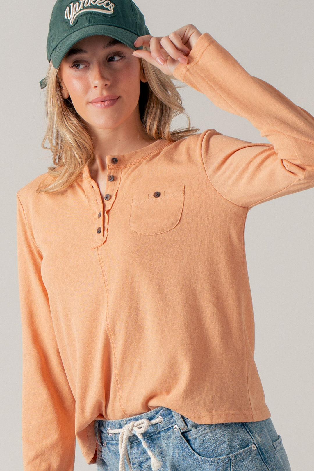 washed everyday long sleeve henley top - soft peach (additional view)