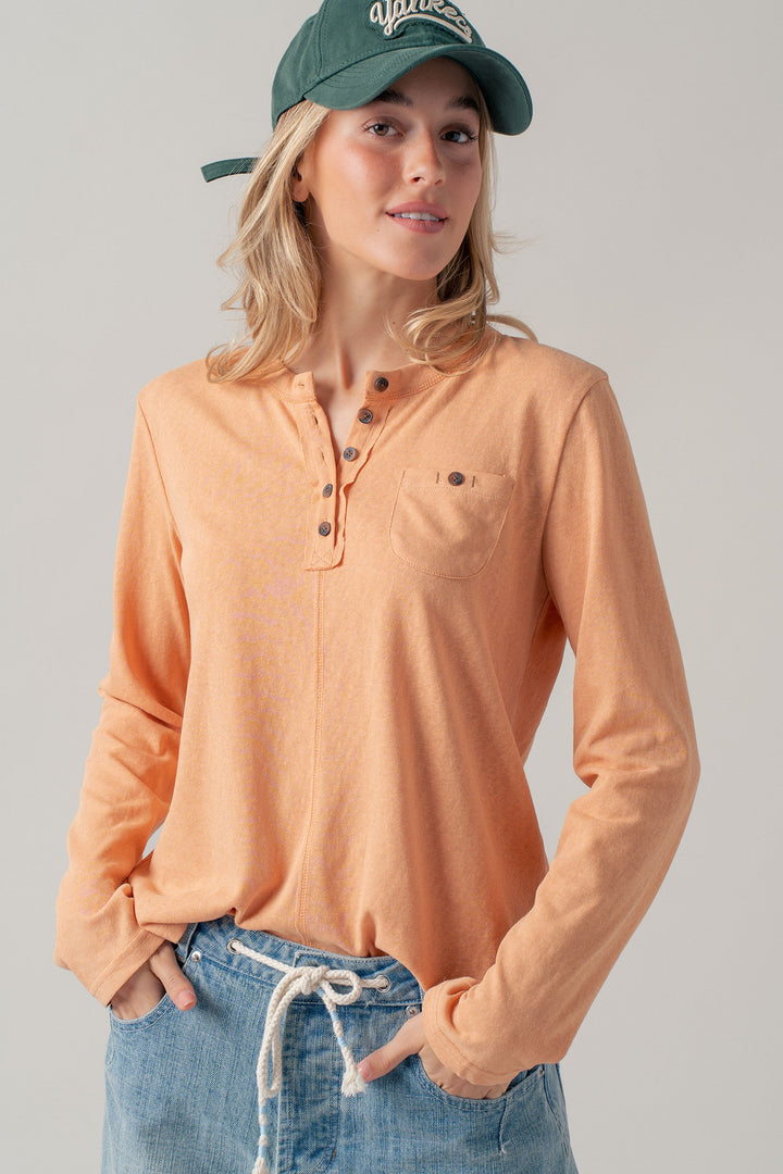 washed everyday long sleeve henley top - soft peach (additional view)