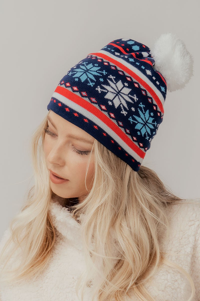 Winter Knit Beanie with Snowflake Pattern Pom Pom in Navy - Women's Wholesale Beanies | Trend Notes