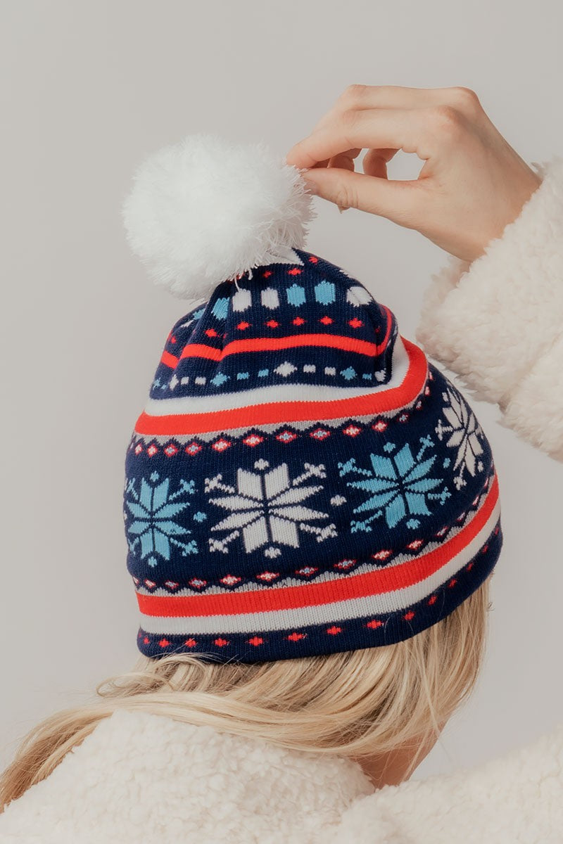 Winter Knit Beanie with Snowflake Pattern Pom Pom in Navy - Women's Wholesale Beanies | Trend Notes