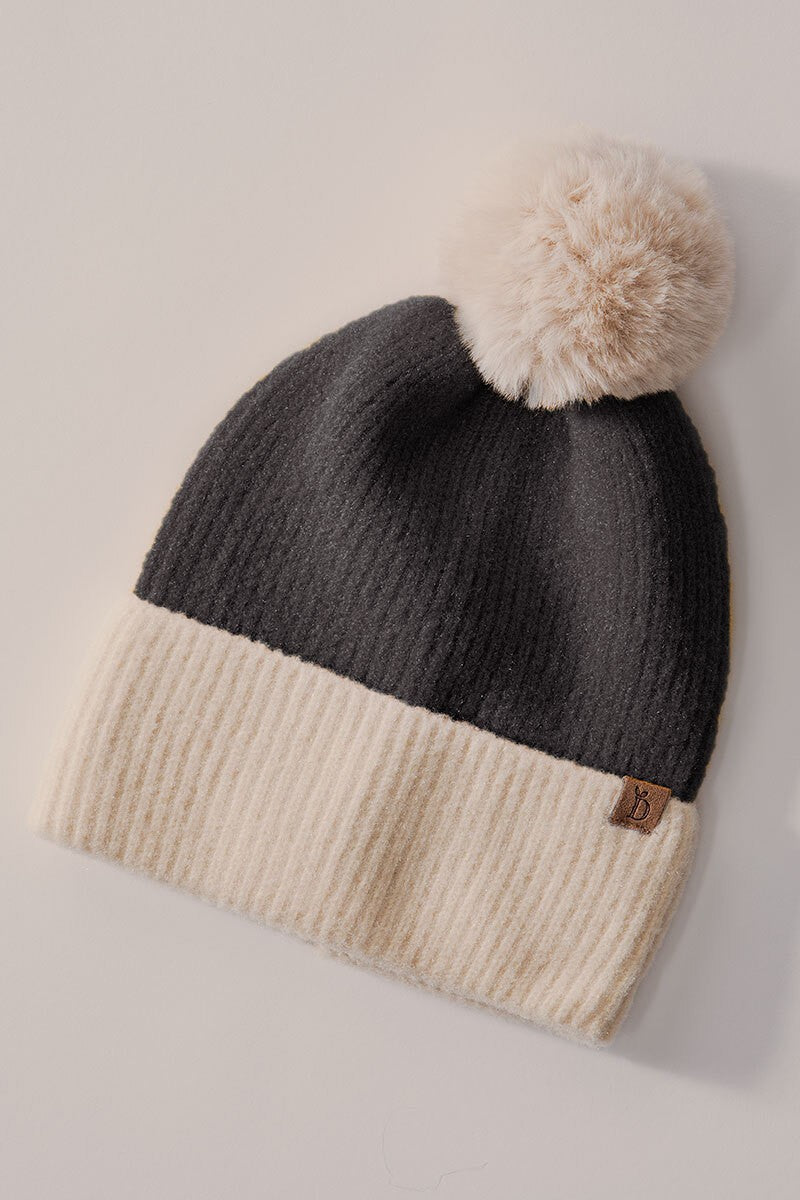 Cozy Two-Tone Knit Beanie with Pom-Pom Accent in Black - Women's Wholesale Beanies | Trend Notes