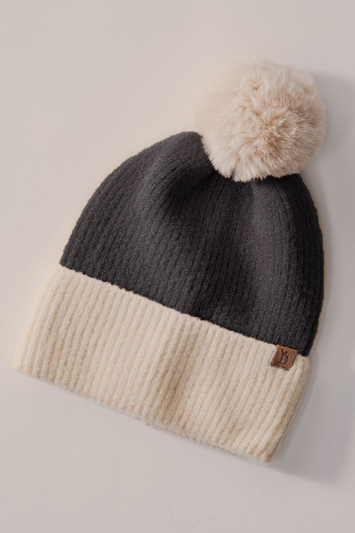 Cozy Two-Tone Knit Beanie with Pom-Pom Accent in Black - Women's Wholesale Beanies | Trend Notes