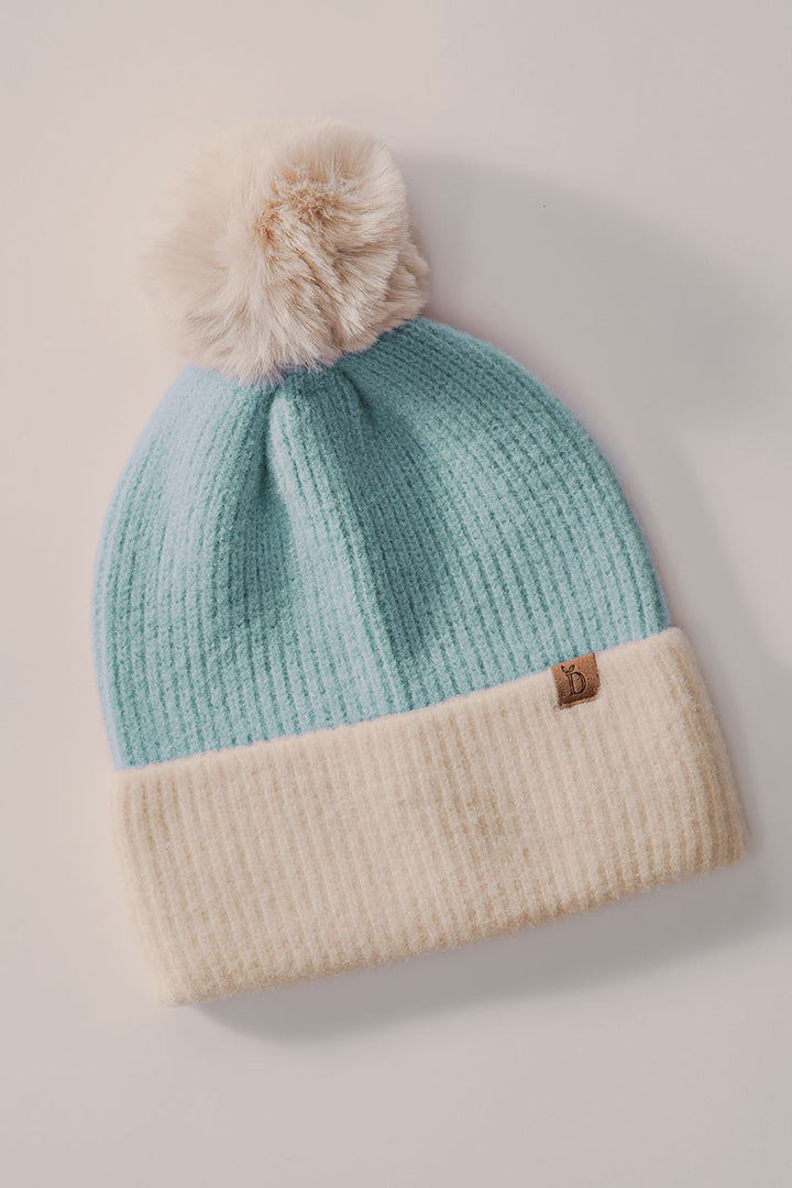 Cozy Two-Tone Knit Beanie with Pom-Pom Accent in Blue - Women's Wholesale Beanies | Trend Notes
