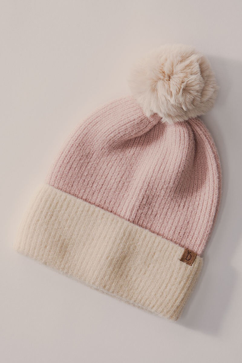 Cozy Two-Tone Knit Beanie with Pom-Pom Accent in Dusty Pink - Women's Wholesale Beanies | Trend Notes