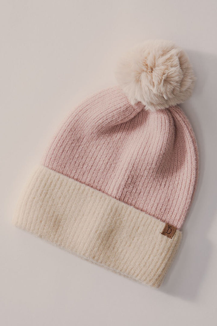 Cozy Two-Tone Knit Beanie with Pom-Pom Accent in Dusty Pink - Women's Wholesale Beanies | Trend Notes