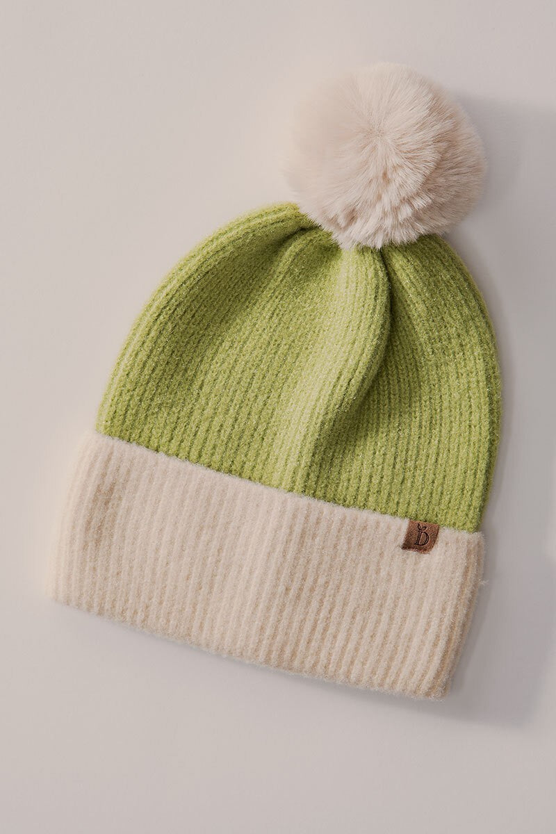 Cozy Two-Tone Knit Beanie with Pom-Pom Accent in Green - Women's Wholesale Beanies | Trend Notes