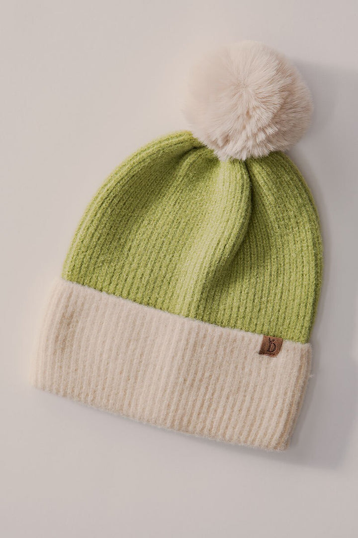Cozy Two-Tone Knit Beanie with Pom-Pom Accent in Green - Women's Wholesale Beanies | Trend Notes