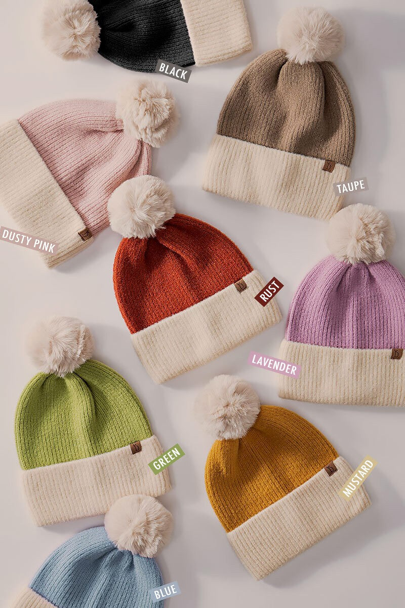 Cozy Two-Tone Knit Beanie with Pom-Pom Accent in Lavander - Women's Wholesale Beanies | Trend Notes