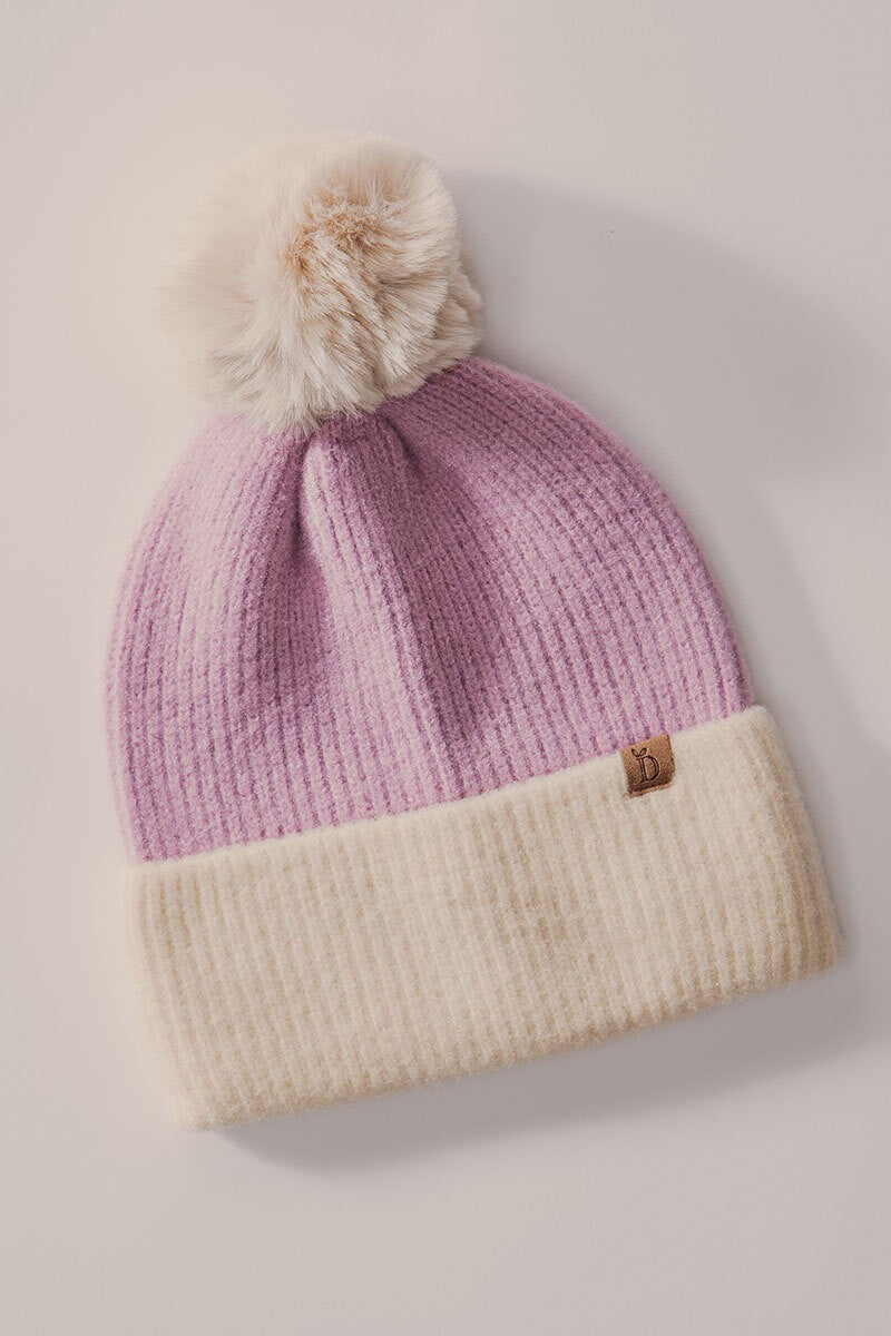 Cozy Two-Tone Knit Beanie with Pom-Pom Accent in Lavander - Women's Wholesale Beanies | Trend Notes