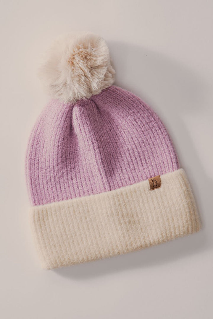 Cozy Two-Tone Knit Beanie with Pom-Pom Accent in Lavander - Women's Wholesale Beanies | Trend Notes