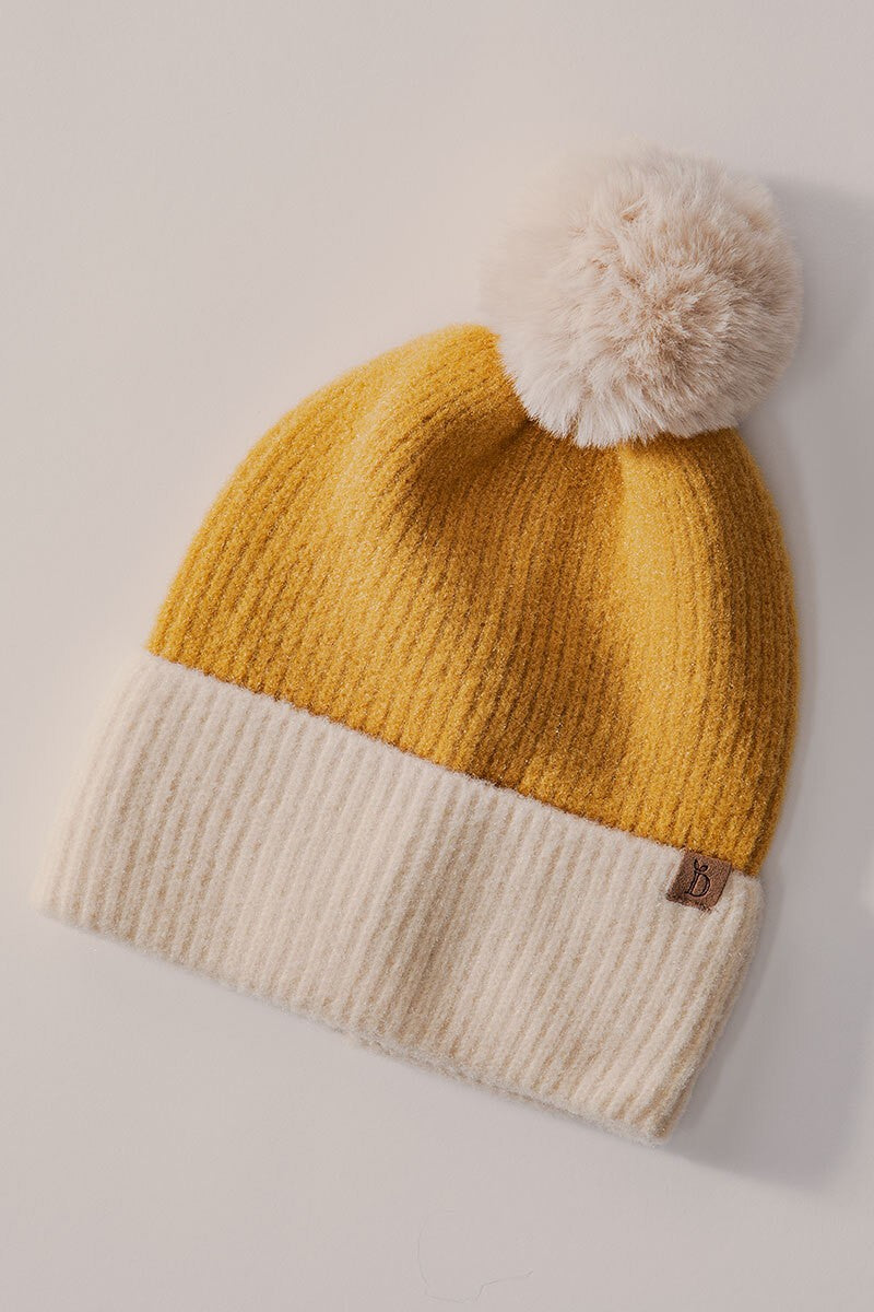 Cozy Two-Tone Knit Beanie with Pom-Pom Accent in Mustard - Women's Wholesale Beanies | Trend Notes