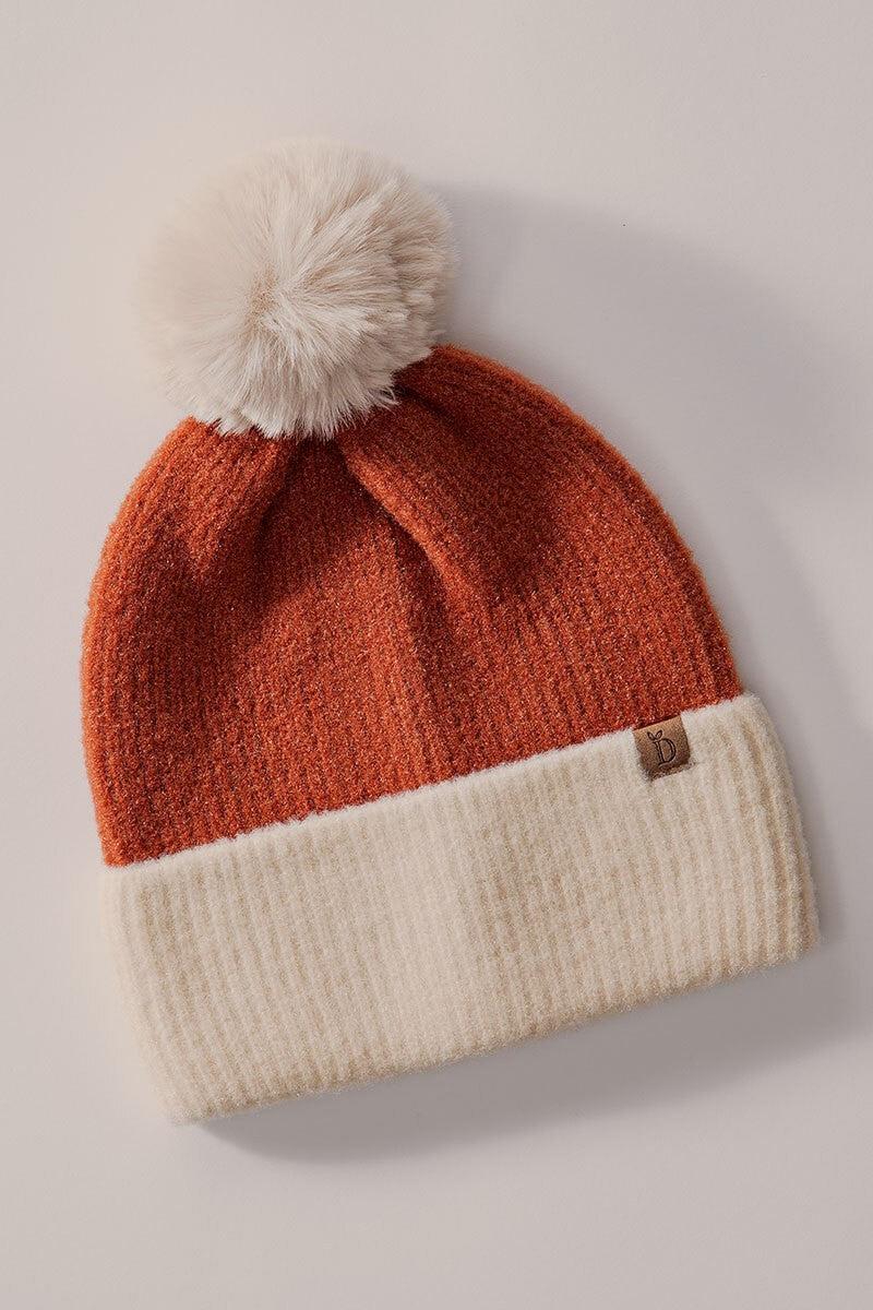 Cozy Two-Tone Knit Beanie with Pom-Pom Accent in Rust - Women's Wholesale Beanies | Trend Notes