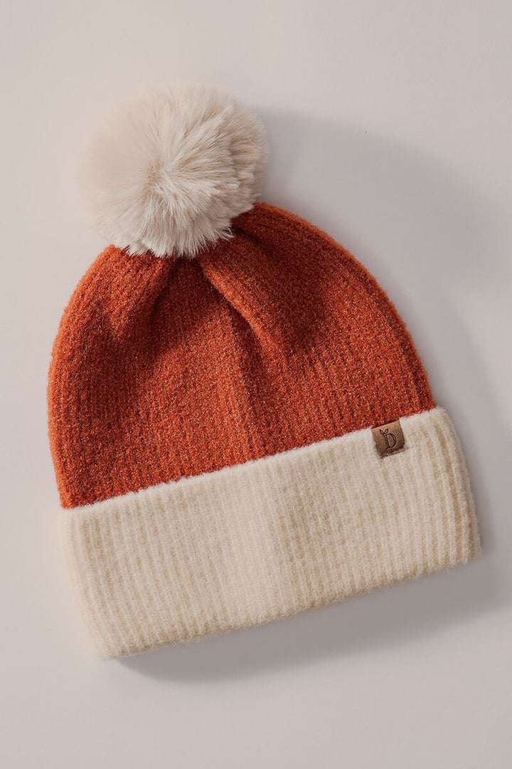 Cozy Two-Tone Knit Beanie with Pom-Pom Accent in Rust - Women's Wholesale Beanies | Trend Notes
