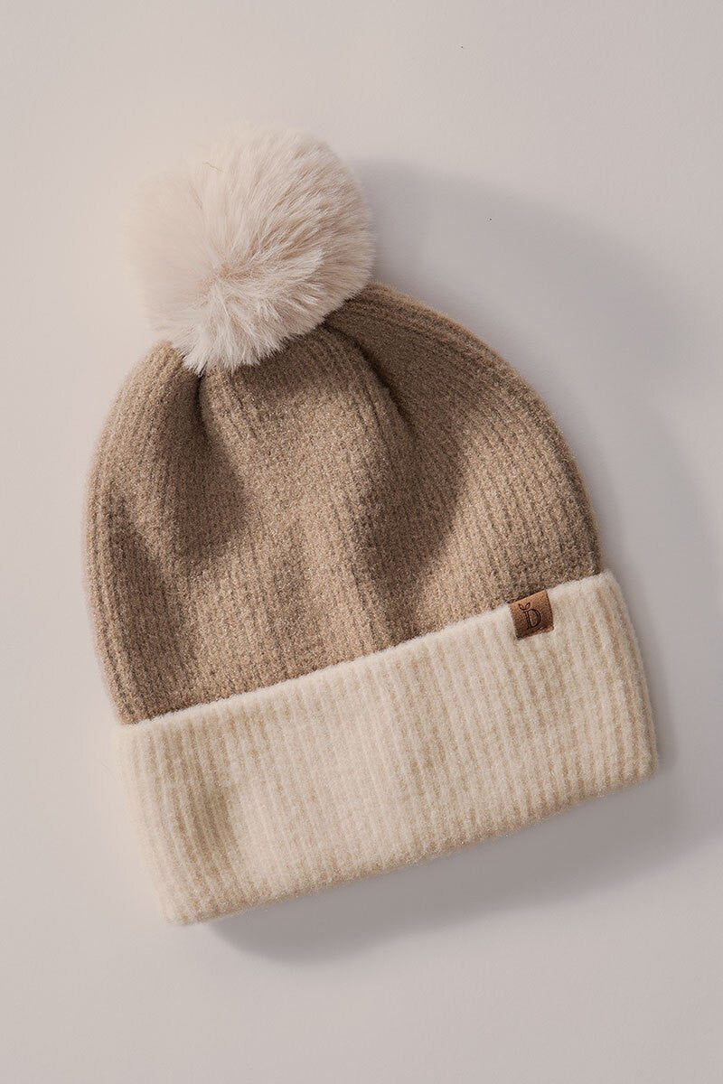 Cozy Two-Tone Knit Beanie with Pom-Pom Accent in Taupe - Women's Wholesale Beanies | Trend Notes