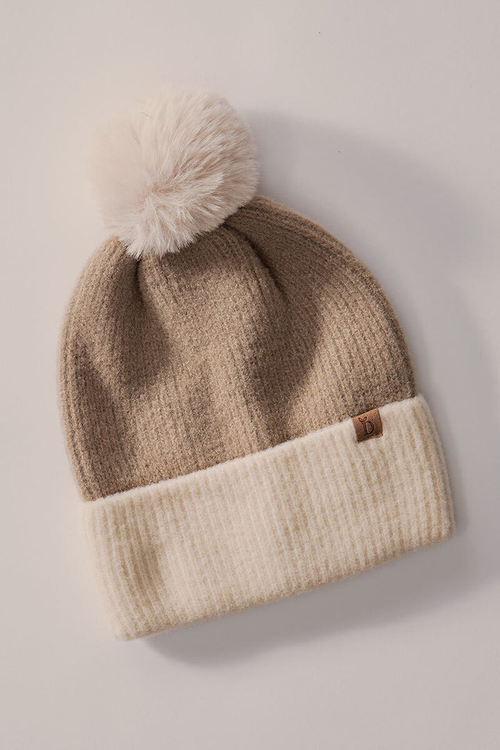 Cozy Two-Tone Knit Beanie with Pom-Pom Accent in Taupe - Women's Wholesale Beanies | Trend Notes