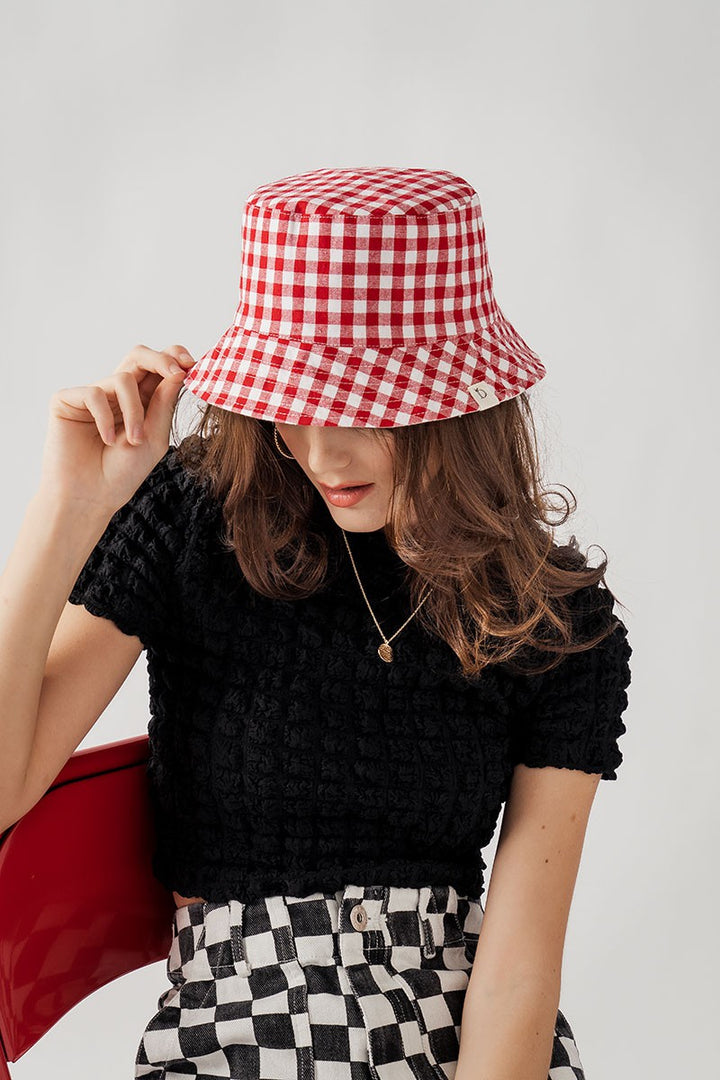 KATE CLASSIC GINGHAM BUCKET HAT in Red - Women's Wholesale Bucket Hats | Trend Notes