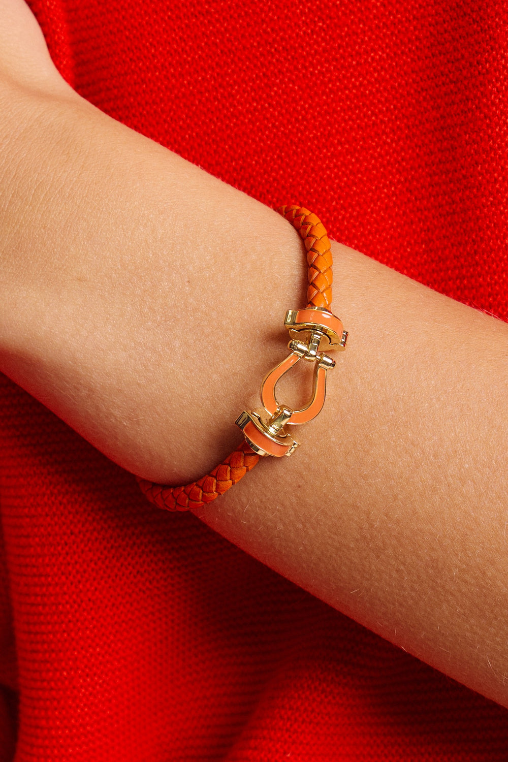 Horseshoe Braided Leather Bracelet in Orange - Women's Wholesale Accessories | Trend Notes