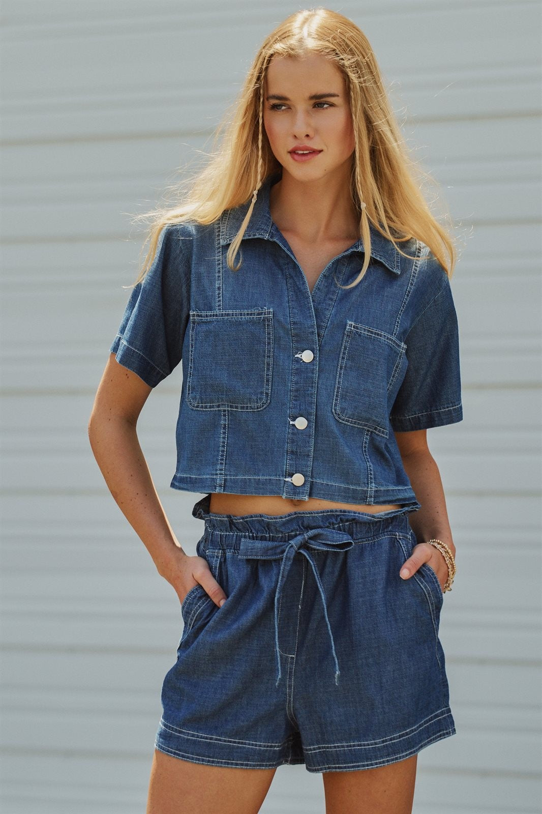 Denim Cropped Button-Down Short Sleeve Shirt in Dark Denim - Women's Wholesale Blankets | Trend Notes