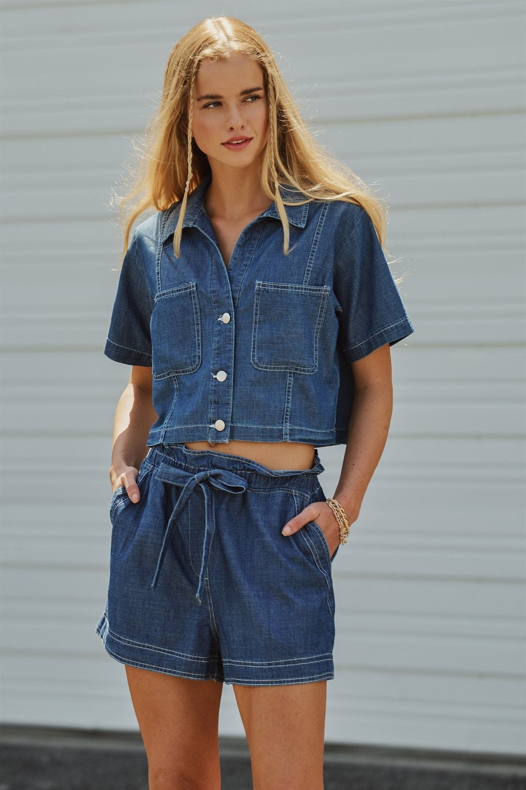 Denim Cropped Button-Down Short Sleeve Shirt in Dark Denim - Women's Wholesale Blankets | Trend Notes
