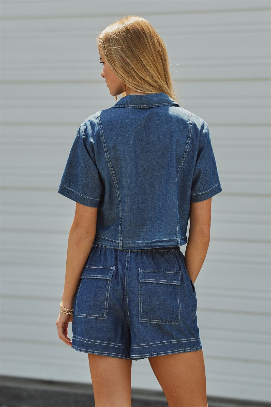 Denim Cropped Button-Down Short Sleeve Shirt in Dark Denim - Women's Wholesale Blankets | Trend Notes