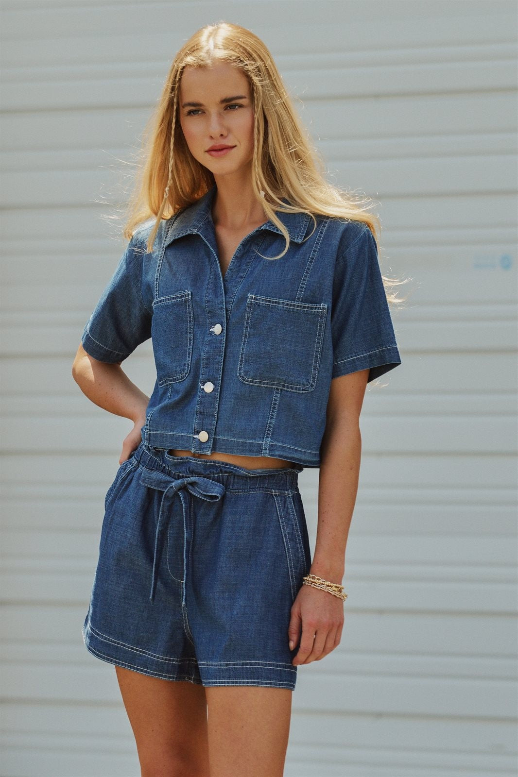Denim Cropped Button-Down Short Sleeve Shirt in Dark Denim - Women's Wholesale Blankets | Trend Notes