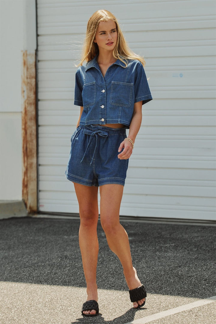 Denim Cropped Button-Down Short Sleeve Shirt in Dark Denim - Women's Wholesale Blankets | Trend Notes