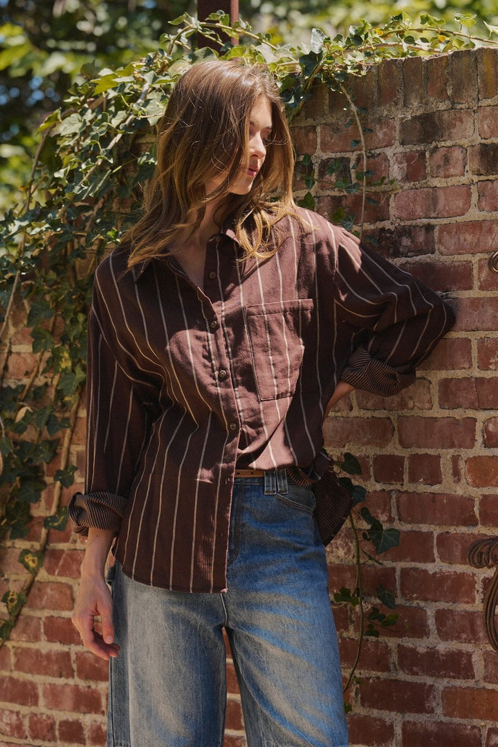 Oversized Striped Cotton Button Down Shirt in Brown - Women's Wholesale Shirts & Blouses | Trend Notes